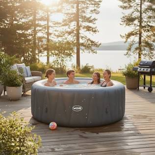Inflatable garden spas in outdoor British home settings, AI generated