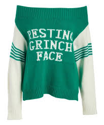Judith March Kelly Green Cream Resting Grinch Face Off Shoulder Sweater Women