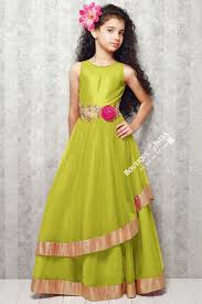 Girl S Green With Golden Casual Gown Dress Gilr S Casual And Party Collection Gowns Gowns For Girls Casual Gowns Long Frocks For Kids