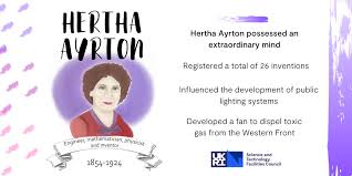 Hertha marks ayrton was a distinguished british mathematician, electrical engineer, and inventor, known for her work on mathematical dividers, electric arcs, and the propulsion of air. Science And Technology Facilities Council On Twitter Born Otd Hertha Ayrton Was A British Engineer Mathematician Physicist Inventor And Suffragette She Influenced The Development Of Public Lighting Systems As Well As
