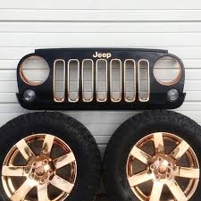 Black And Gold Rims For Trucks What A Phenomenal Combo Of Black And Rose Gold On This Jeep Petesrodnest Strikes Again With Cosmichrome Spray Technologie Jeep Gold Rims Car Jeep Accessories