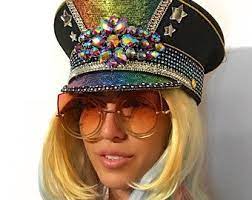 Captain Hat Military Hat Sergeant Hat Marching Band Hat Festival Hat Rave Headpiece Sequin Feathers Strass Fes Rave Hats Festival Hat Navy Hats