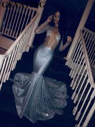 Glitter Silver Grey Sequins Black Girls Mermaid Prom Dresses Long Sleeves Long African Evening Gowns Elegant V Neck Court Train Prom Dresses Long With Sleeves Black Girl Prom Dresses Prom Girl Dresses