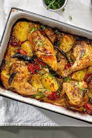 Baked Chicken With Potatoes Cherry Tomatoes And Herbs Recipe Recipe Recipes Sheet Pan Recipes Food
