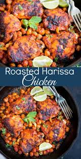 This Oven Baked Roasted Harissa Chicken Is Marinated In Spicy Moroccan Harissa Paste This Makes An Eas Harissa Chicken Harissa Recipes Healthy Chicken Recipes