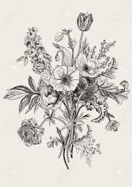 Botanical Victorian Bouquet Spring Flowers Poppy Anemones Tulips Delphinium Vintage Botanical Illustration Vintage Vintage Flower Tattoo Flower Drawing