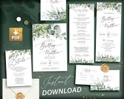 Boho Wedding Invitation Template Suite With Eucalyptus Greenery Instant Download Very Easy To Edit Print At Home Wedding Invitation Templates Printable Wedding Invitations Wedding Invitations