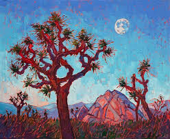 An Almost Full Moon Hangs Above The Desert Landscape Of Joshua Tree National Park The Painting Capture Fine Art Prints Artists Abstract Tree Painting Painting