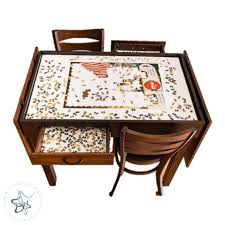 In the center of the room is a dining table with 3 places set. Pub Height Jigsaw Puzzle Table Designed Decor
