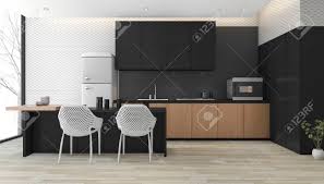 Hellblaue küchenschränke und schwarze bodenfliesen. 3d Rendering Moderne Schwarze Kuche Mit Holzboden In Der Nahe Von Fenster Lizenzfreie Fotos Bilder Und Stock Fotografie Image 70998775