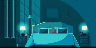 Vector Bedroom Interior At Night With Furniture Bed With Many Pillows In Moonlight Bedroom Interior Nightstands Lighting Lamps And Windows Flat Cartoon Styl Bedroom Scene Modern Bedroom Interior Bedroom Interior