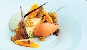 For a course like a dessert, the options are limitless. Carrot Sorbet Gourmet Desserts Presentation Fancy Desserts Fine Dining Desserts