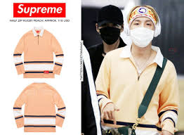 The perfect jhope bts supreme animated gif for your conversation. Beyond The Style Alex Auf Twitter Jhope Bts 170414 Airport Requested Jhope í¸ì ì ì´í Supreme Half Zip Rugby Peach