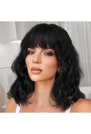 ENTRANCED STYLES Black Wigs with Bangs for Women 14 Inches Synthetic Curly  Bob Wig for Girl Natural Looking Wavy Wigs : Buy Online at Best Price in  KSA