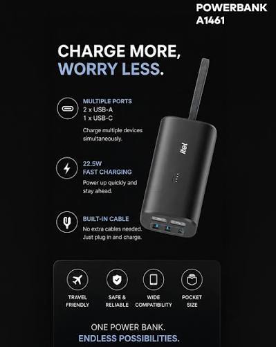 Low battery? Not on our watch. ❌🔋 Meet the itel Powerbank A1461—featuring  22.5W fast charging, multiple ports, and a built-in cable so you can leave  the tangled cords at home. One power