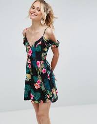 Asos Cold Shoulder Skater Sundress In Tropical Print 35 Fashion Womens Dresses Mini Dresses Summer