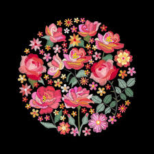 Lovely pink and gray card design. Embroidery Circle Pattern With Beautiful Red And Pink Flowers Colorful Bouquet On Black Background Floral Vector Illustration Stock Vector Illustration Of Blossom Circle 140514562