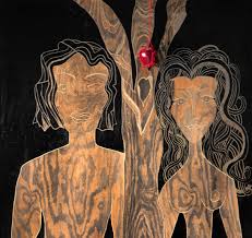 Forbidden fruit apple from tree knowledge vector. Adam Eve