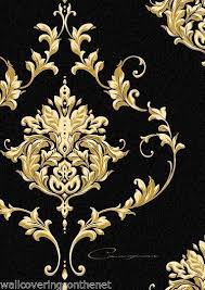 Black And Gold Baroque Wallpaper Designer Black Gold Damask With Calligraphy Heavyweight Blown Vinyl Wallpaper Ebay Papel Tapiz Ornato Amarillo Y Azul