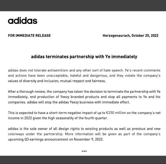 Adidas Ends Its Partnership With Ye