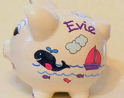 Each piggy bank is hand painted especially for you on an individual basis, so please message me for my exact … this peach and brown woodland personalized piggy bank is created with porcelain ceramic and is completely hand painted using the highest quality acrylic paint. Personalized Piggy Bank With Navy Blue And Red Sailboats Etsy Alcancias De Puerquito Hucha Alcancias