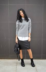 Women S Grey Oversized Sweater White Dress Shirt Black Leather Pencil Skirt Black Leather Lace Up Flat Boots Black Leather Pencil Skirt Trendy Skirts Fashion