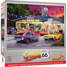 Classic vehicles, road signs and americana. Amazon Com Masterpieces Cruisin Route 66 1000 Puzzles Collection Route 66 Pitstop 1000 Piece Jigsaw Puzzle Toys Games