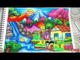 Cara Menggambar Dan Mewarnai Pemandangan Air Terjun Dan Rumah Dengan Gradasi Warna Oil Pastel Youtube Pemandangan Seni Krayon Easy Drawing Tutorial