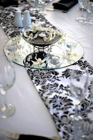 Black White Printed Table Runner With Round Mirror Floating Candle Frangipani Centrepiece Printed Table Runner Floating Candles Table Decorations