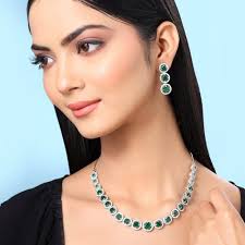 Buy Yellow Chimes Ad Green Stone Circle Shaped Diamond Silver Jewellery  Necklace Set Online
