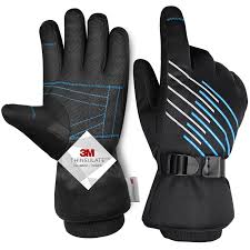 Pair of black winter gloves with wrist straps and reflective accents