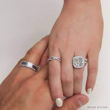 Henri Daussi Women S Halo Engagement Ring And Men S Diamond Wedding Band Mens Diamond Wedding Bands Diamond Wedding Bands Henri Daussi Engagement Rings