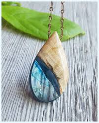 Drops Of Ocean Blue Teal Colored Resin And Wood Pendant Necklace Brass Chain And Clasp Japanese Maple Wood Resin Jewelry Resin Jewelry Making Wood Pendant