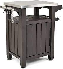 Two wheels make it easy to move around. Amazon Com Keter Unity Portable Outdoor Table And Storage Cabinet With Hooks For Grill Accessories Stainless Steel Top For Patio Kitchen Island Or Bar Cart Espresso Brown Patio Lawn Garden