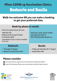 We offer vaccinations at all of our sites in . Pfizer Covid 19 Vaccination Clinics Bedourie Birdsville Boulia Diamantina Shire Council