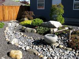 Front Yard With River Rock And Japanese Fountain River Rock Landscaping Landscaping With Rocks Rock Garden Design