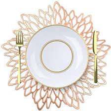 Amazon Com Mladen Hibiscus Pressed Vinyl Placemats Set Of 8 Round Place Mats Table Decor Wedding Ac In 2020 Wedding Placemats Gold Placemats Rose Gold Wedding Accents