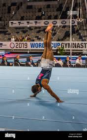 Daniel Villafane from Argentina in a Japanese handstand during the World  Cup Gymnastics in Melbourne Stock Photo
