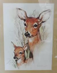 Framed Deer Doe And Fawn Wildlife Print Animal Wall Art Man Cave Cabin Decor Vintage Paul Whitney Hunter Print Deer Painting Animal Paintings Animal Wall Art