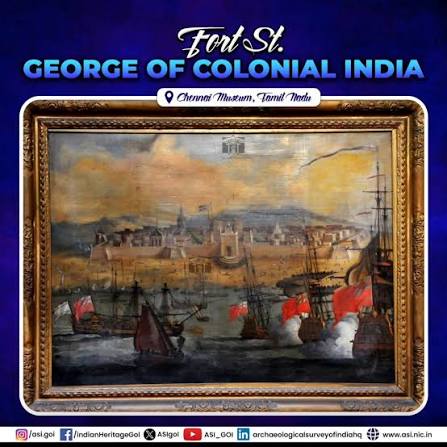 This painting on canvas depicts Fort St. George, the first English fortress established in India. It was constructed on 23 April 1644, as a part of St. George's Day, which honours the