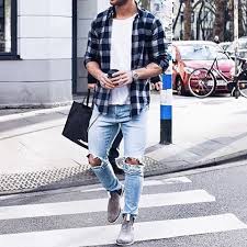 The street style outfit of choice, men's chelsea boots with jeans is a tried and tested look that isn't going anywhere soon. Men S Navy Gingham Long Sleeve Shirt White Crew Neck T Shirt Light Blue Ripped Skinny Jeans Grey Suede Chelsea Boots Jeans Outfit Men Boots Outfit Men Chelsea Boots Men Outfit