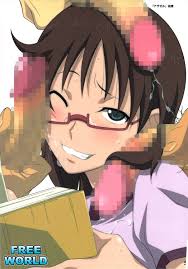 takapiko, sakuma rinko, yondemasu yo azazel-san., highres, 1girl, 3boys,  blush, book, brown hair, censored, clenched teeth, cum, cum on body, cum on  clothes, cum on hair, eyebrows, facejob, facial, glasses, green eyes,