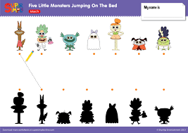 Five Little Monsters Jumping On The Bed Match Super Simple Monster Jump Halloween Resources Little Monsters