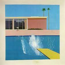 Measuring 242.5 centimetres (95.5 in) by 243.9 centimetres (96.0 in), it depicts a swimming pool beside a modern house, disturbed by a large splash of water created by an unseen figure who has apparently just jumped in from a diving board. A Bigger Splash Wikipedia