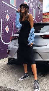 Casual Outfit Idea Hat Denim Jacket Black Midi Dress High Converse Bodycon Dress Casual Midi Dress Casual Casual Dress Outfits