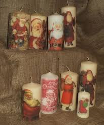 Some Of This Year S Decorated Christmas Candles Just Love Santas See More Of My Napkin Decoupage Work On Www Facebook Com Napkin Decoupage Candles Decoupage