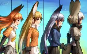 4girls Animal Ears Bat Eared Fox Kemono Friends Black Hair Blush Bow Bowtie Coat Commentary Request Elbow Gloves Extra Ears E Kemono Friends Anime Wolf Anime
