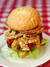 Copyspace for text, high resolution image. Blue Cheese Roasted Garlic And Tempura Red Onion Burgers A Flavor Explosion Of A Burger That S Perfect For Supe Blue Cheese Burgers Superbowl Party Food Food