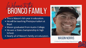 Congratulations to Mrs. Sarah Bates for being chosen as our Bronco Teacher  of the Week! Mrs. Bates works hard supporting our students and teachers in  our CTE department. Thank you Mrs. Bates