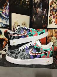 Custom Nike Air Force One Bape Shark Bape Camo Custom Sneakers Custom Shoes Hand Painted Custom Shoes Men Custom Shoes Nike Shoes Air Force